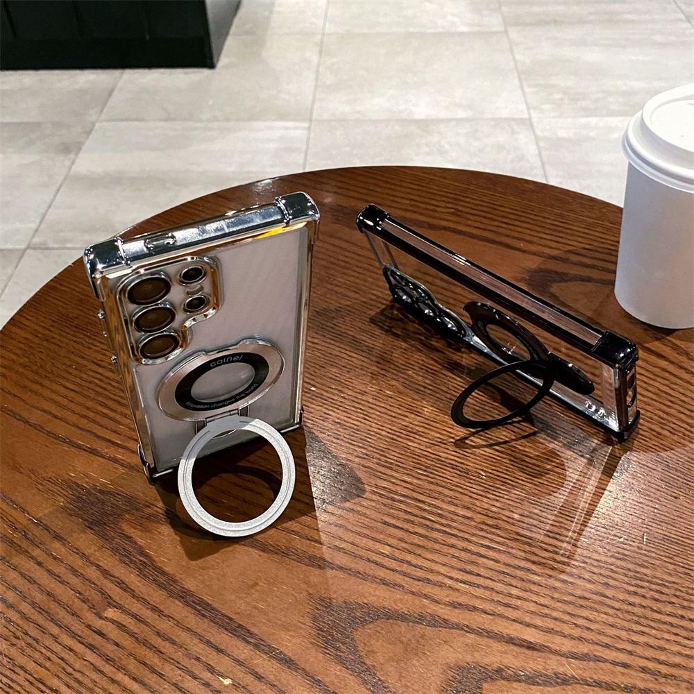 For Magsafe Plating Magnetic Plating Stand Phone Case For Samsung Galaxy S25 S24 S23 S22 Ultra S21 Plus S20 FE Clear Cover Case