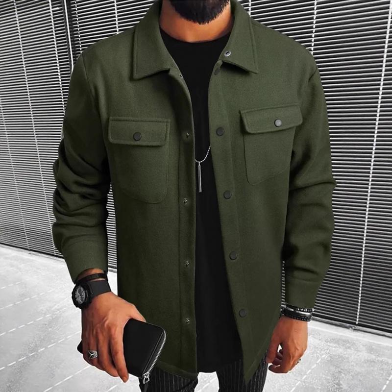 2026 New Men's Woolen Jacket, Solid Color Coat with Turn-down Collar and Buttons, Casual Overcoat