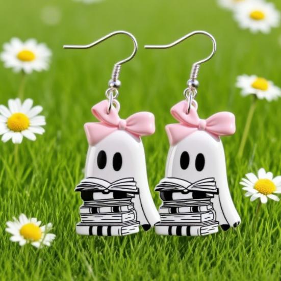 Polished Acrylic Charms Cute Reading Ghost Earrings, Sweet Bowknot Drop Dangle Earrings Lightweight Halloween Jewelry for Women Girls Fashionable