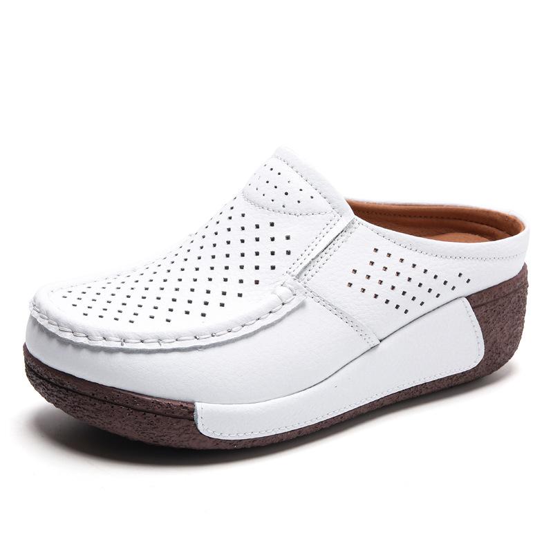 Genuine leather comfortable thick-soled bag head half slippers women's summer wear breathable hollow soft bottom slope heel cool slippers