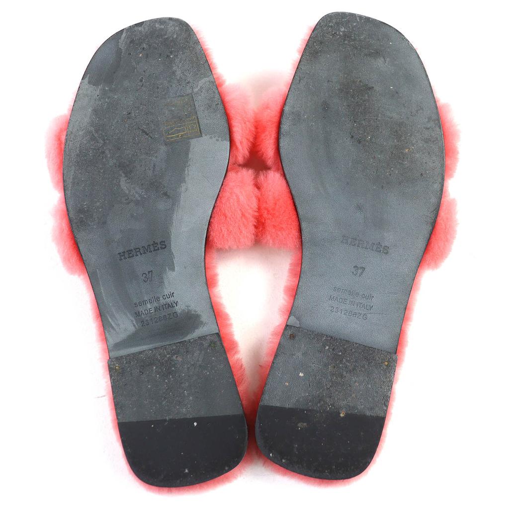 Great HERMES Mule Oran H Logo Fur Sandals Pink Sheepskin Leather 37 231288Z Used