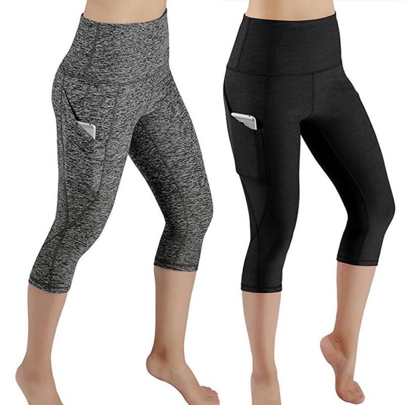 Womens High-Waisted Cross-Leg Capri Yoga Pants With Side Pockets Stretchy Fitness Leggings Gym Workout Running