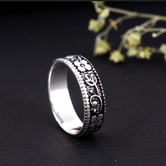 Handmade Sterling Silver Floral Band Ring | Vintage Style Flower Pattern Ring | Boho Minimalist Stacking Ring for Women,