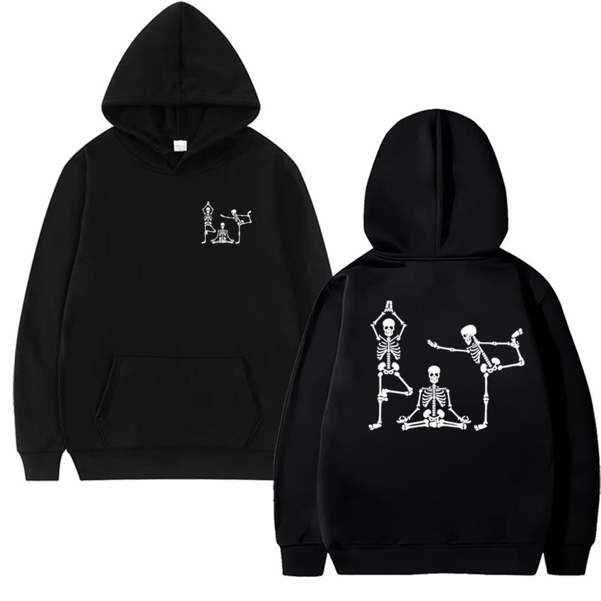 Gothic Skeleton Yoga Funny Halloween Double Sided print streetwear Men women vintage hip hop Hoodie Unisex punk Fleece pullovers