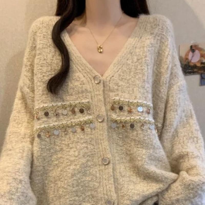 Women Sequin Decorated Solid Color Sweater Lazy Style Loose Fitting V-neck Knitted Sweaters Autumn Fashion Versatile LadySingle Breasted Top Coat