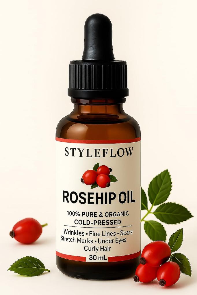 STYLEFLOW Rosehip Oil, 100% Pure Organic Cold-Pressed, for Wrinkles, Fine Lines, Scars, Stretch Marks, Under Eye and Curly Hair, 30ml (., Pack of 3)