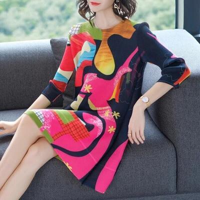Kleid Weibliche Tops Neue Beliebte Frühling Mode Falten Lose Dünne A-linie Kleid Casual O Neck Mid länge Herbst Kleid weibliche Tops