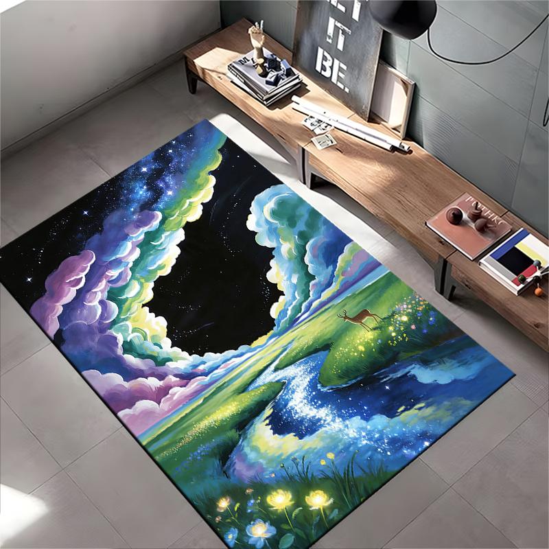 "Colorful River Landscape Carpet with Night Sky and Deer Pattern" Suitable for Use As an Anti-slip for Living Room Bedroom Sofas