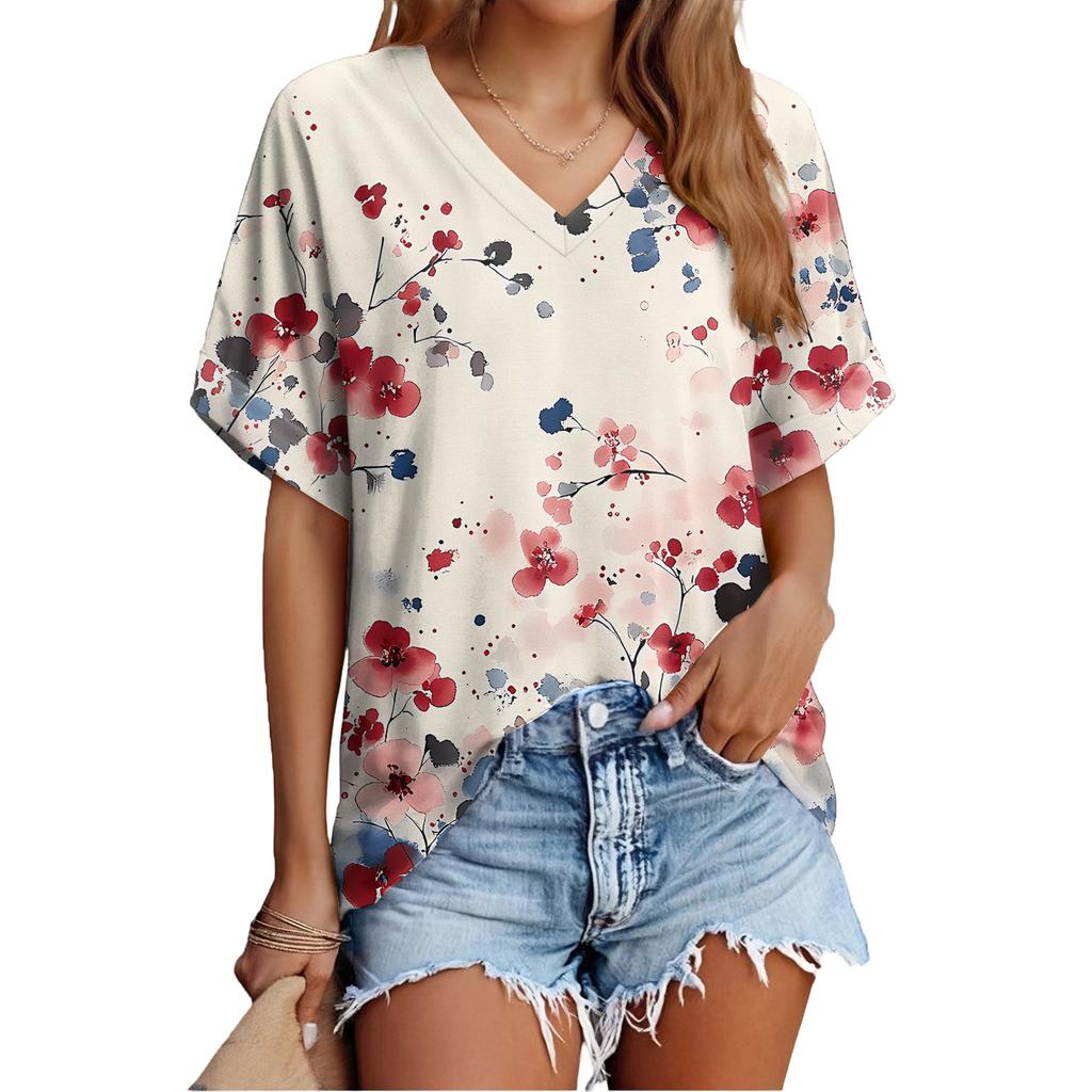 Women's Fashionable Casual Everyday Versatile Floral Print Slim-Fit Summer Short-Sleeve Top