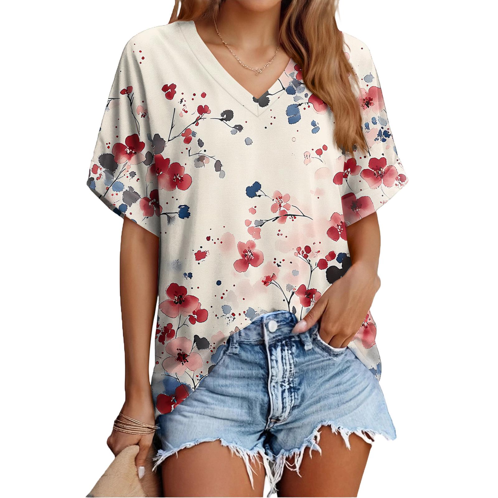 

Women s Fashionable Casual Everyday Versatile Floral Print Slim-Fit Summer Short-Sleeve Top M