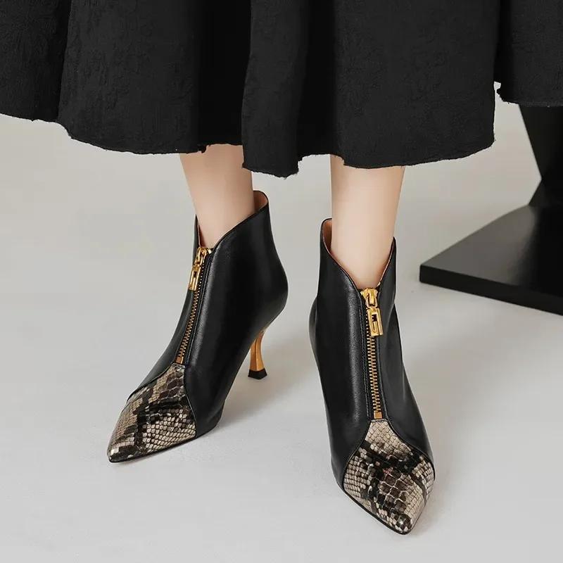 

fashion Women s Shoes on Sale 2024 Zipper Women s Boots Autumn Pointed Toe Mixed Colors Snake Pattern High Heels Fashion Versatile Boots