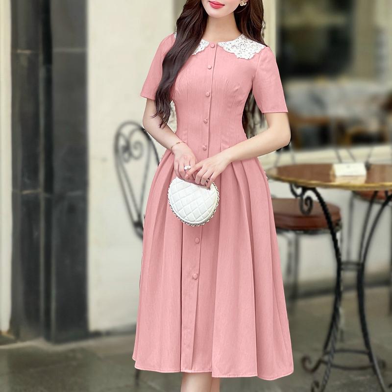 

ZANZEA Женское повседневное платье с кружевной вставкой и кукольным воротником, с коротким рукавом M розовый