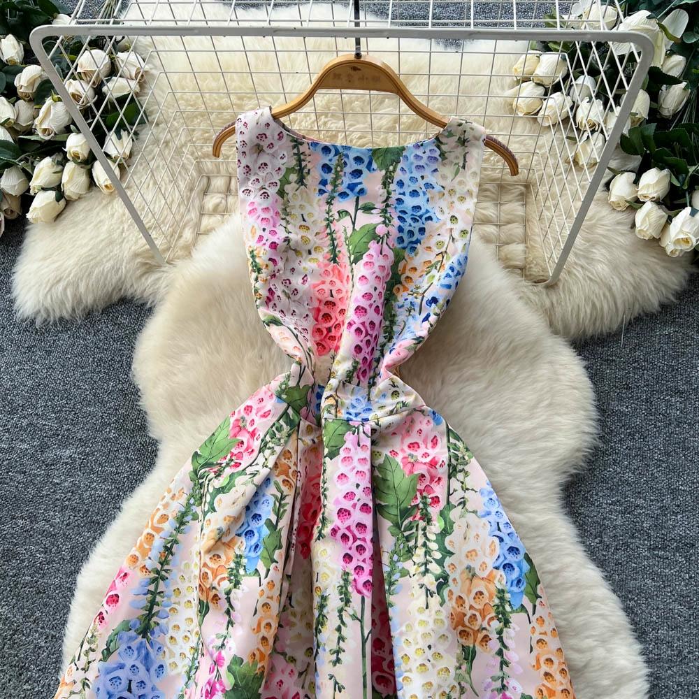 Robe sans manches à col rond imprimé style européen américain pour femmes, haut de gamme, niche, fête d'anniversaire, taille ajustée, bouffante, maxi