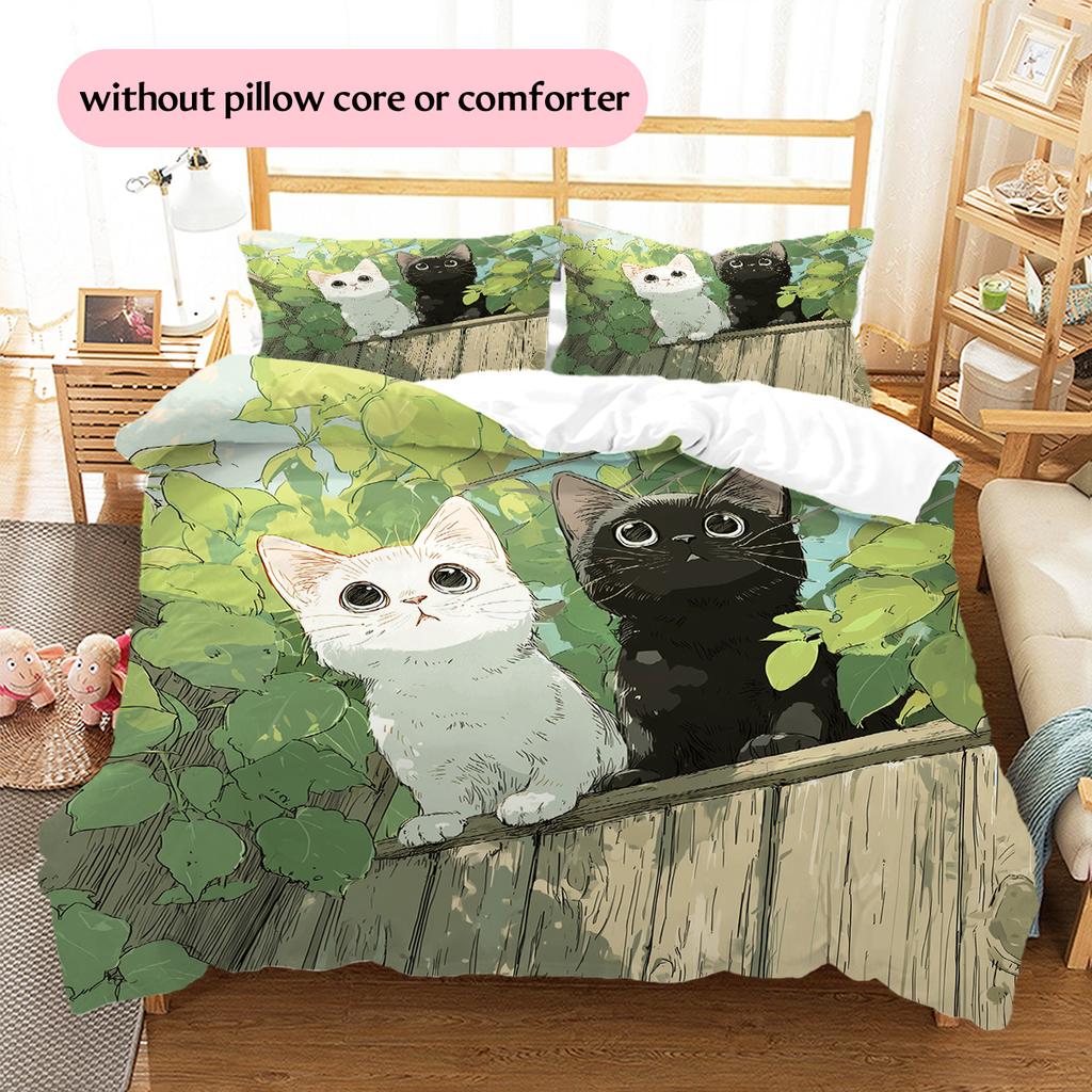 Cute Cat Pattern Bedding Quilt Set Home Decoration Gift (1 * duvet cover + 2 * pillowcase without core)