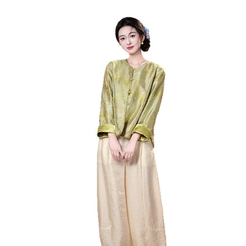 National Style New Chinese Satin Printed Cheongsam Top 1011 Early Autumn New Fashion Young Low Neck Loose Cardigan