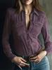 Women's Point Collar Long Sleeve Suede Shirt Slim Retro Western Pocket Blouse