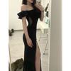 Host evening dress women's new high-end niche red temperament one-word shoulder dress