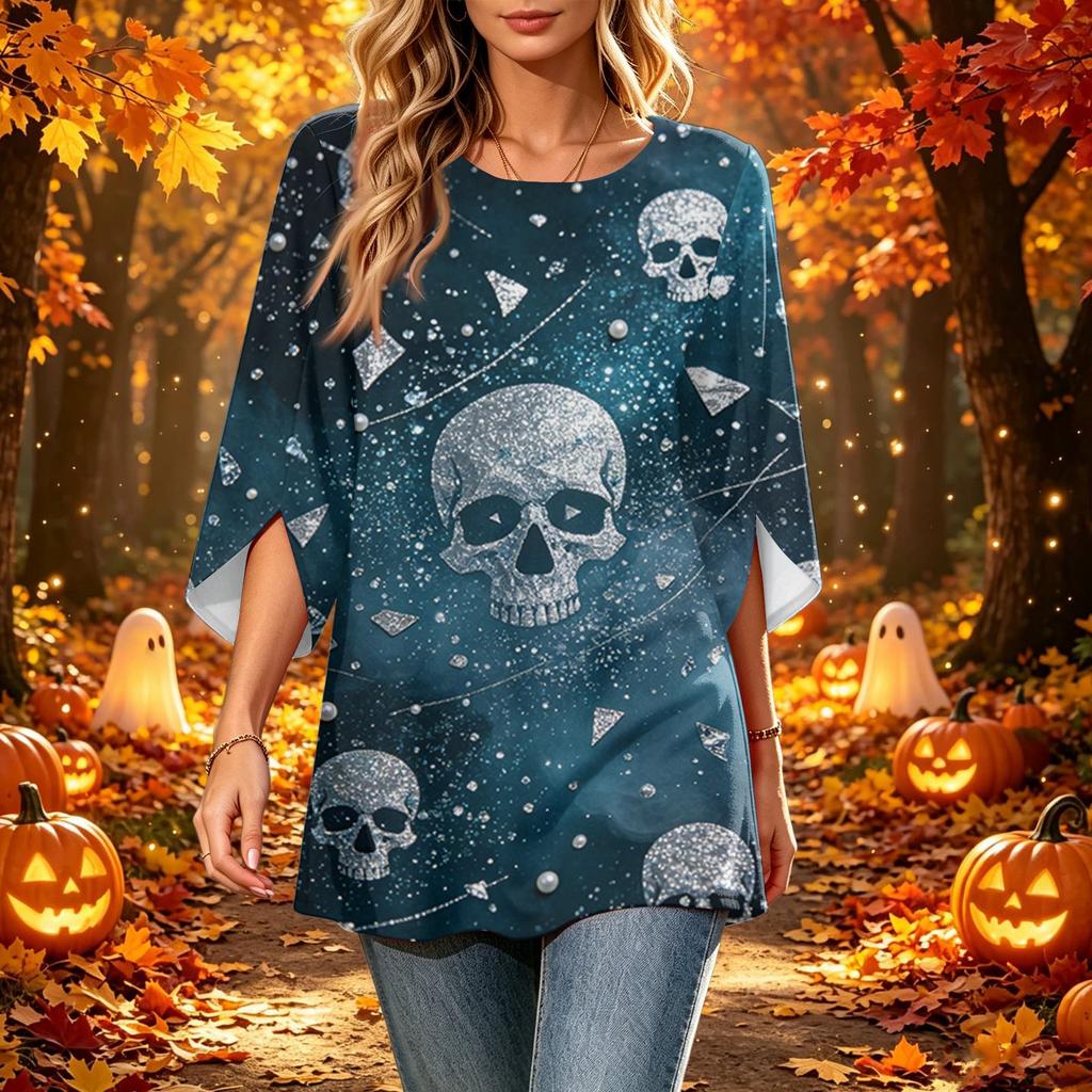 Women's Fashion Halloween Print Loose Casual Round Neck Three-Quarter Sleeve Top