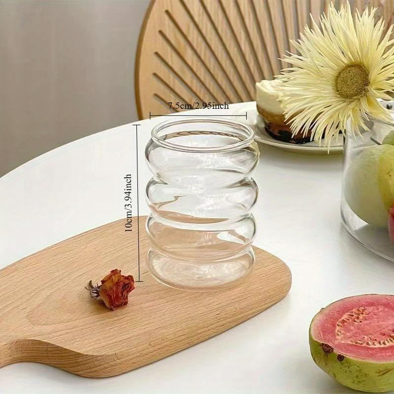 2 Tazas de Café de Vidrio de Borosilicato Alto 350ML/11.8oz con Pajita y Cepillo, Diseño Ondulado Vintage, Cristalería Estética Transparente