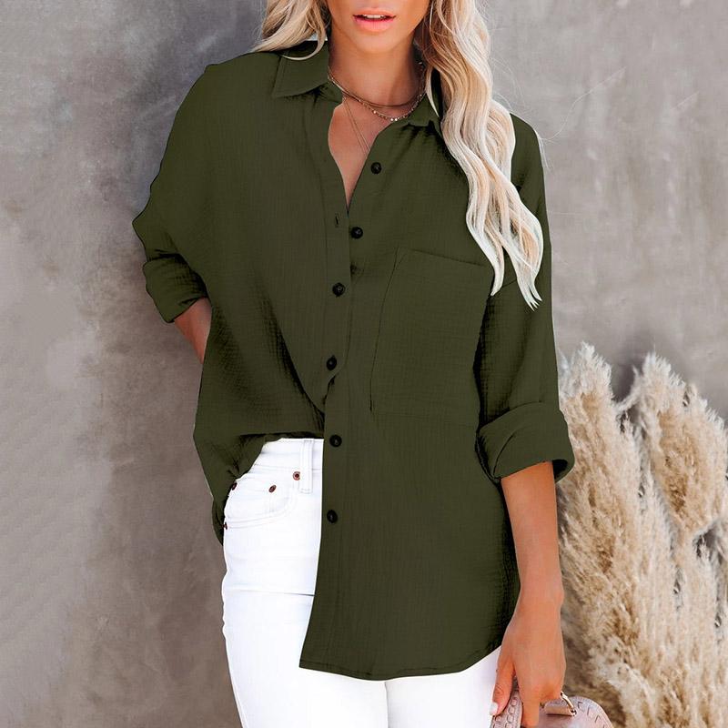 Moda Mujer Manga Larga Solapa Color Sólido Talla Grande Camisa Blusa Tops Ropa
