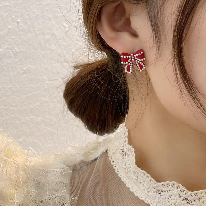 111 Silver Needle Simple French Retro Stud Earrings, Sweet Temperament Fairy Style Bow Earrings Internet Celebrity Earrings