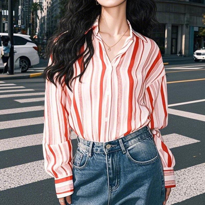 

Женская роскошная красная полосатая рубашка с длинным рукавом - Элегантная весенняя мода с отложным воротником L
