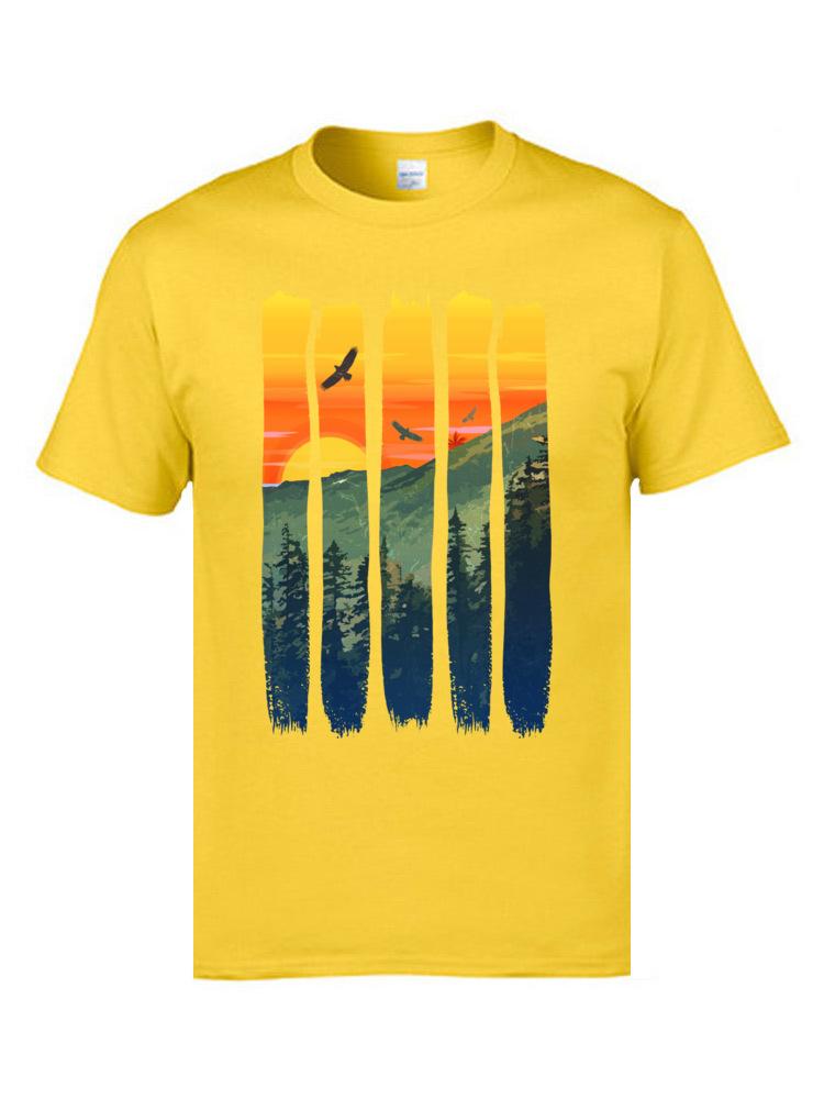 Mountain Sunset Print T-shirt Summer Fashion Casual Men's and Women's T-shirt Pure Cotton Casual O Collar Loose Short Sleeve