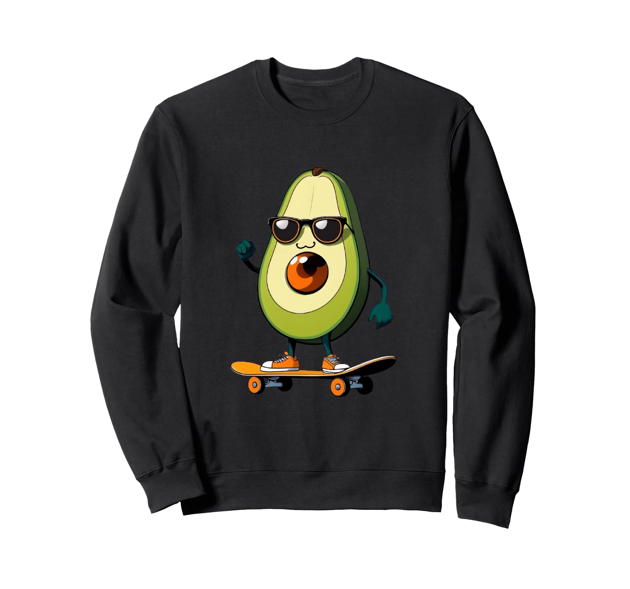 

Avocado character wearing sunglasses on a skateboard.