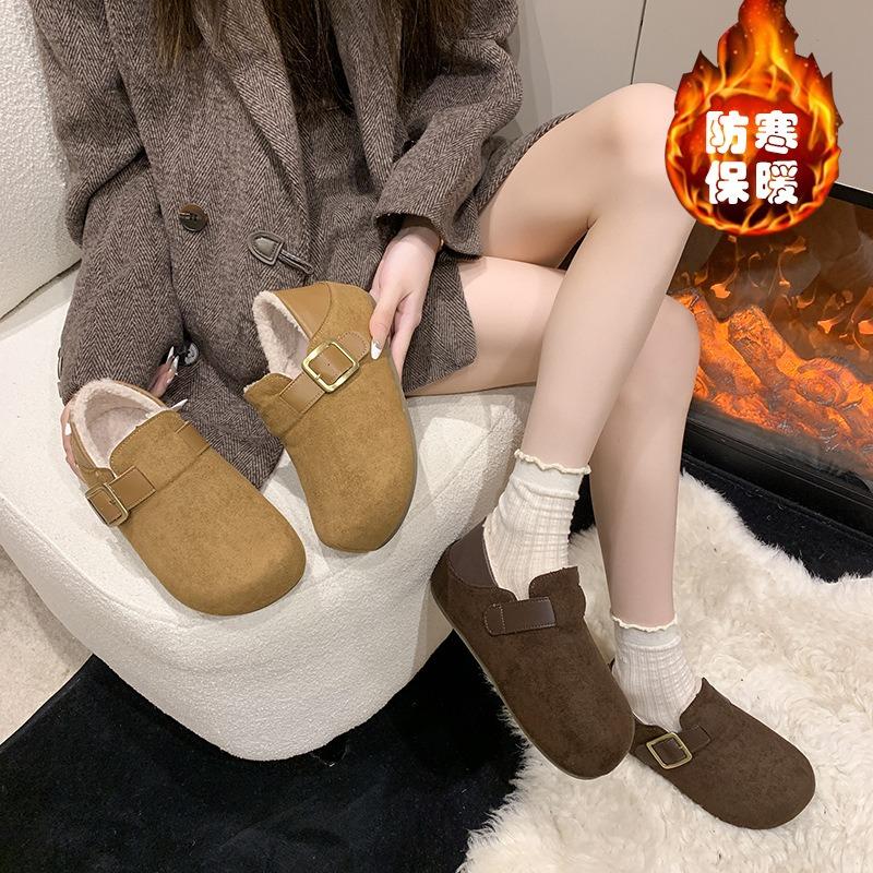 Leather thick-soled velvet two-wear women's shoes, new winter warm inner heightening bag head loafers cotton shoes