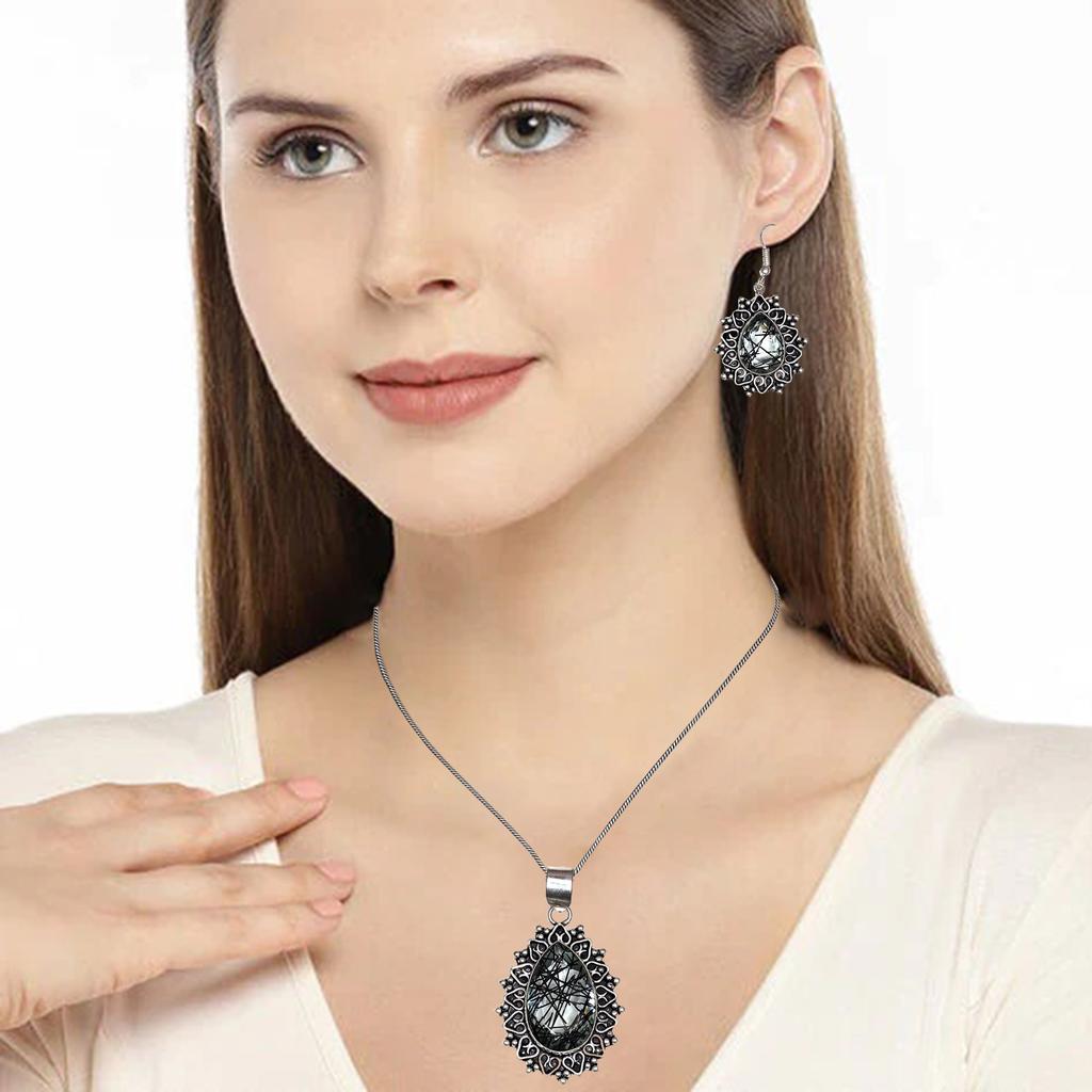 Rutile  Golden Set Earring Jewelry 18-20'' Pendant Quartz Sterling
