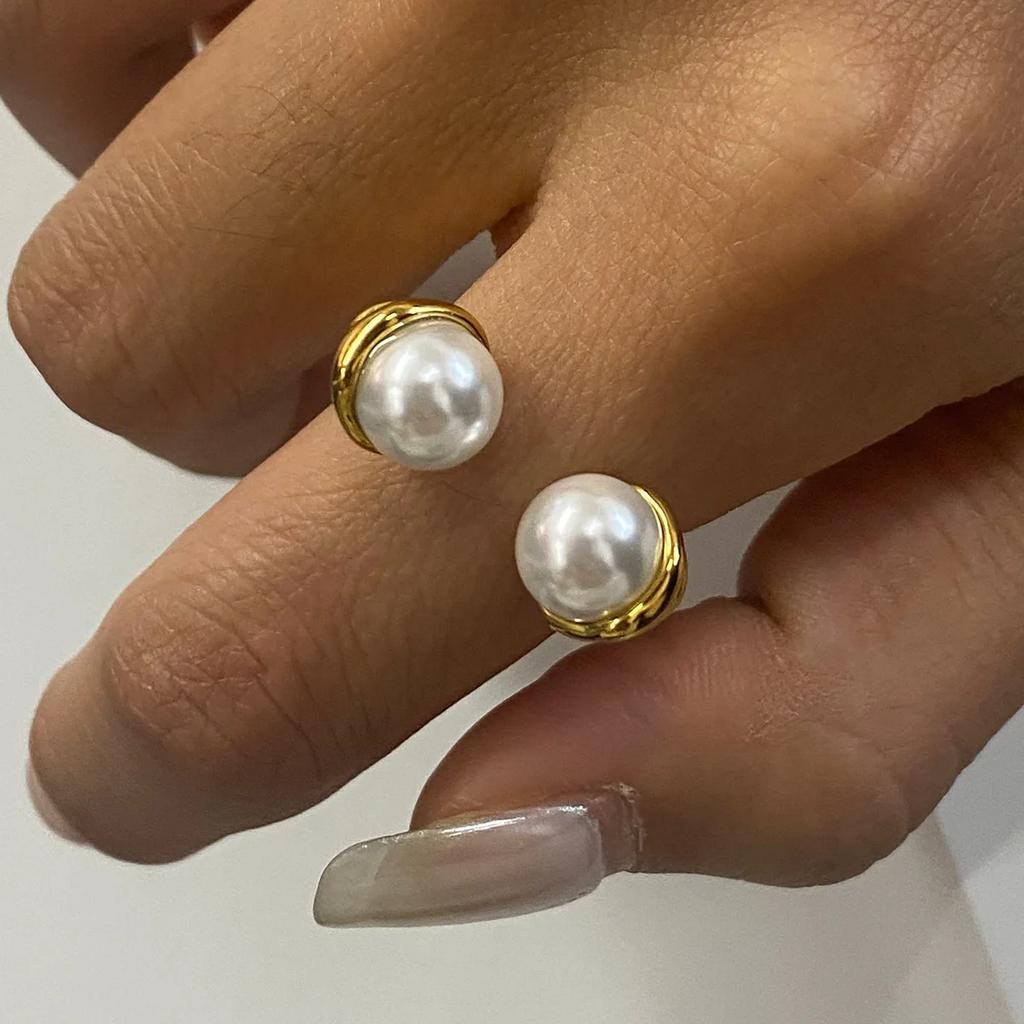 Fashion Imitation Pearl Geometric Open Ring Women Stainless Steel Elegant Gold Plated Stacking Ring High Quality Jewelry Bijoux