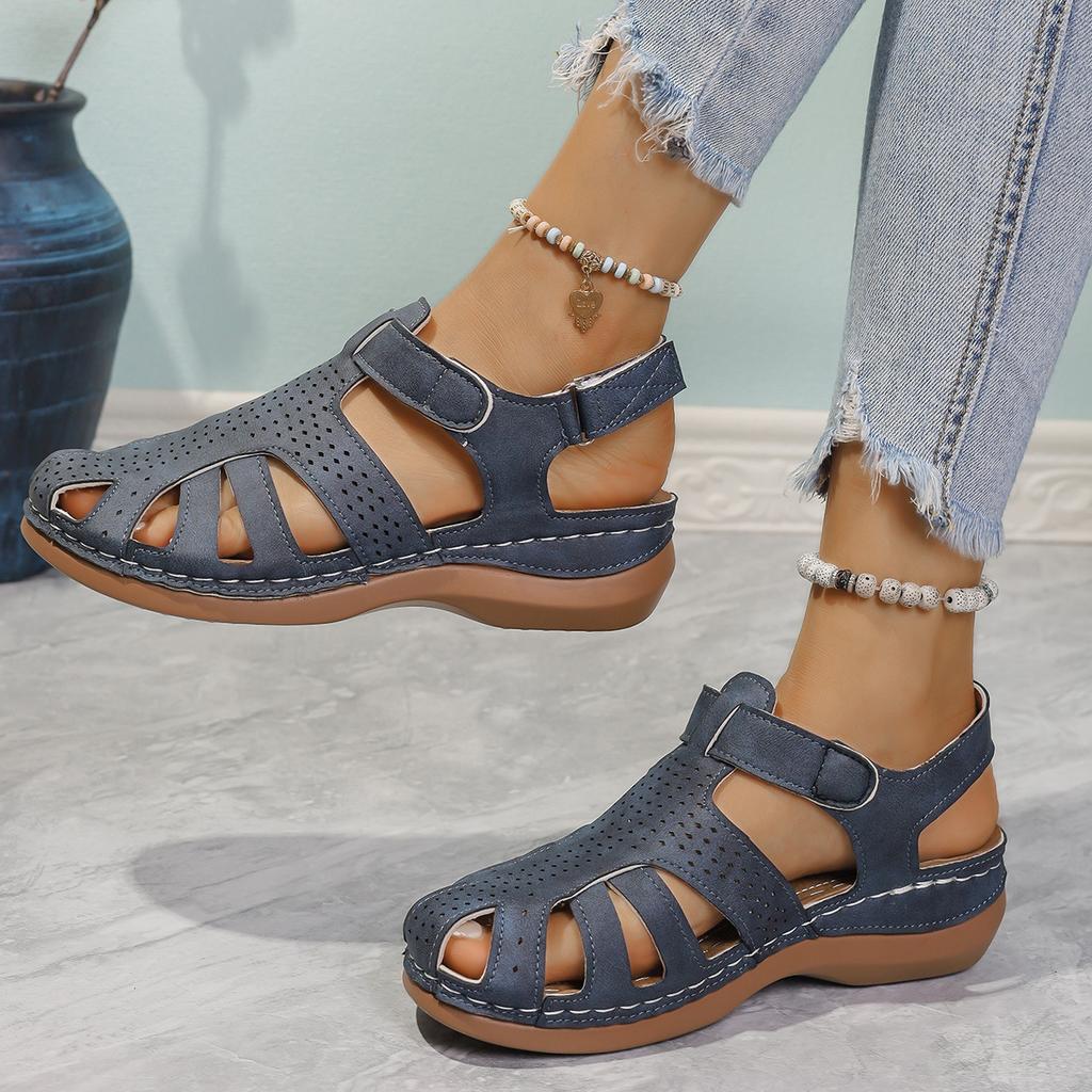 Large size casual women's slope heel new sandals women's round head hollow summer bag head Velcro hole shoes
