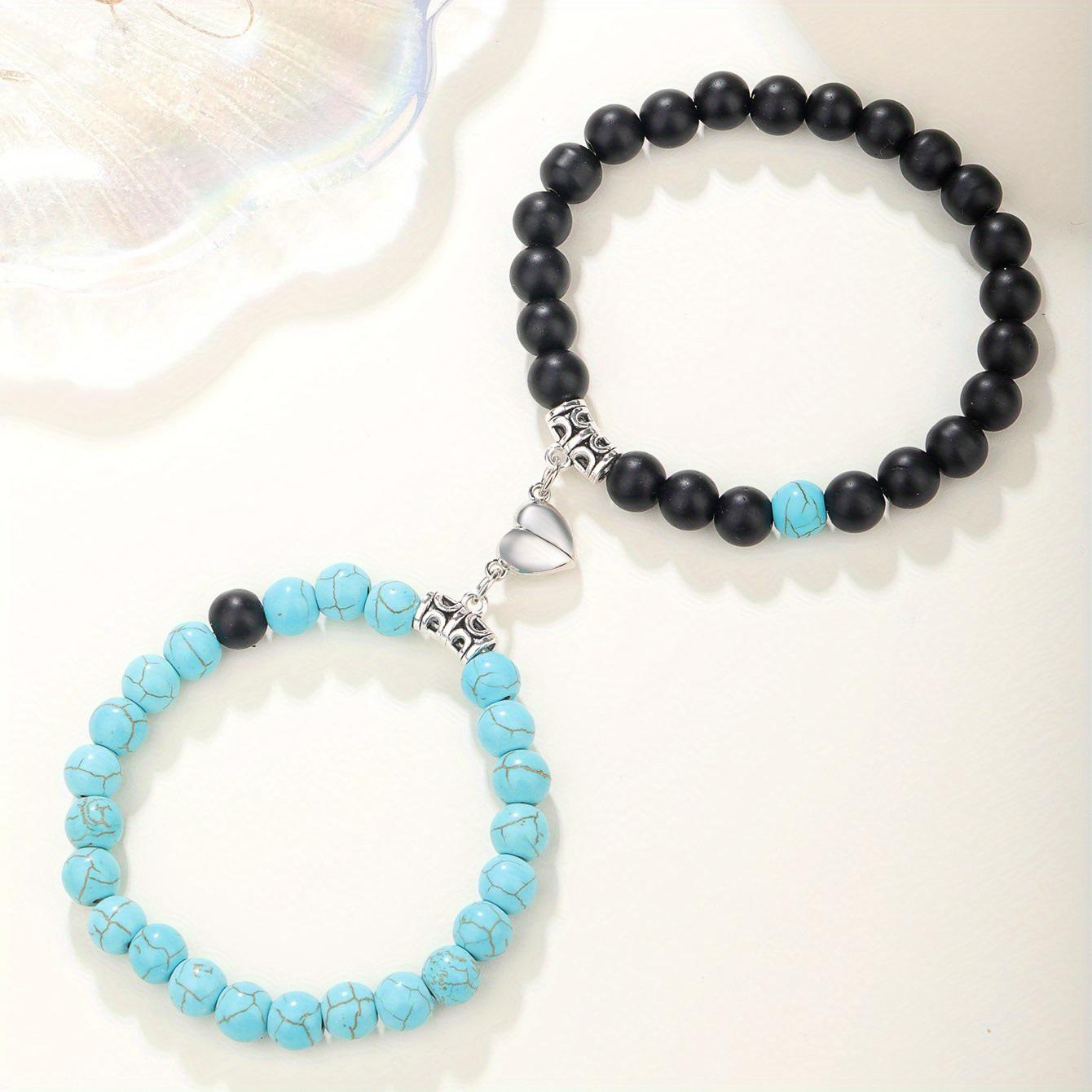 

Magnetic Couple s Bracelet: Love Heart, Turquoise Rose, 7 Chakra Beads - Ideal Mother s/Father s Day Gift
