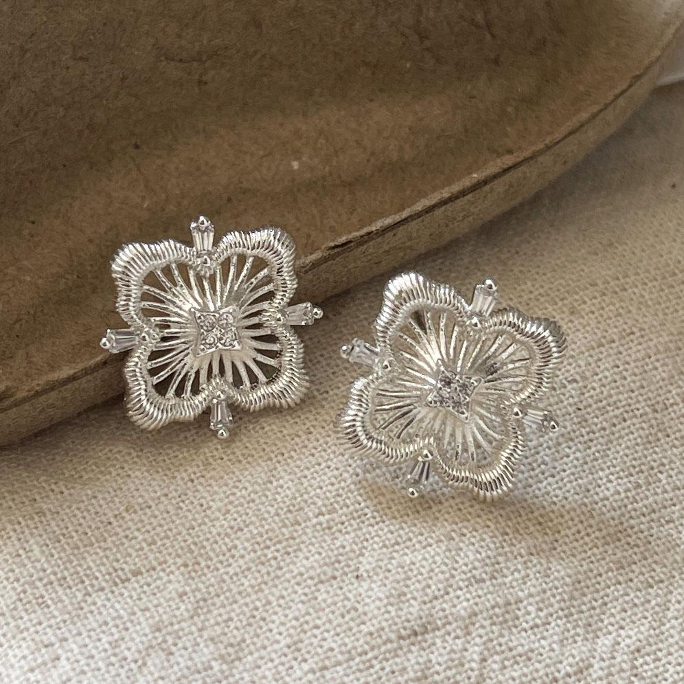 925 Sterling Silver Vintage Earrings For Women Trendy Square Flower Shape CZ Earring Jewelry Prevent Allergy Party Accessories