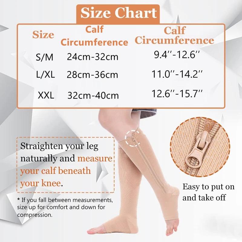 1 Pair Zipper Calf Compression Socks Knee High Open Toe Support Graduated Medical Varicose Veins Hosiery for Men Women