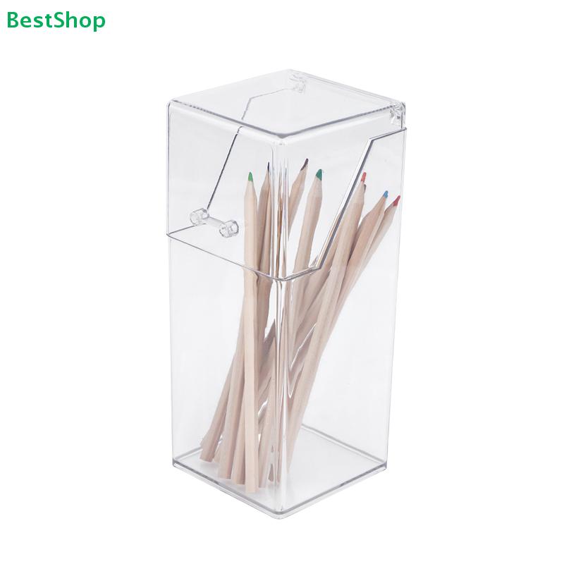 Flip-top Acrylic Pen Holder - Transparent Square Desktop Small Item Organizer, Mirror Cabinet Makeup Brush Storage Box