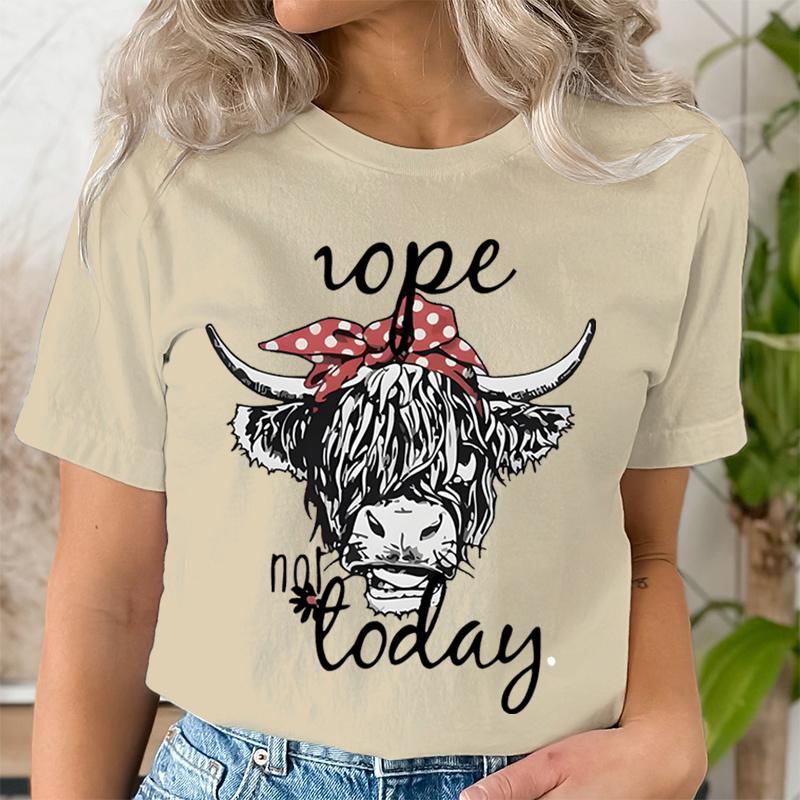 Women Funny T Shirts Cute Hairy Scottish Highland Cow TShirt Round Neck Casual Tops Women Cow Head  Letter Print Short Tshirt
