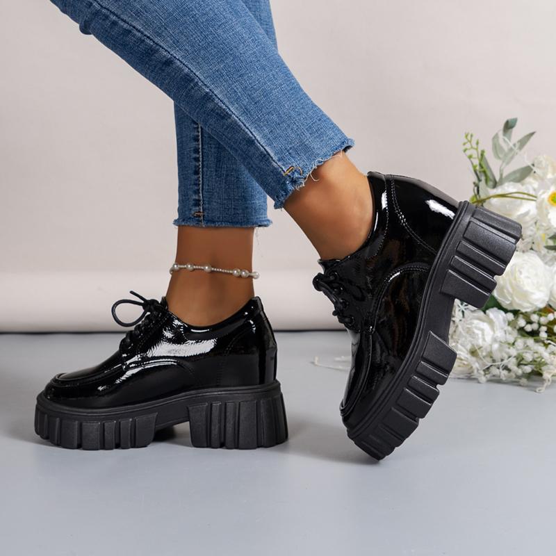 Lucyever Patent Leather Chunky Loafers Shoes for Women  Spring Lace Up Platform Pumps Woman Cozy Thick Bottom Student Shoes