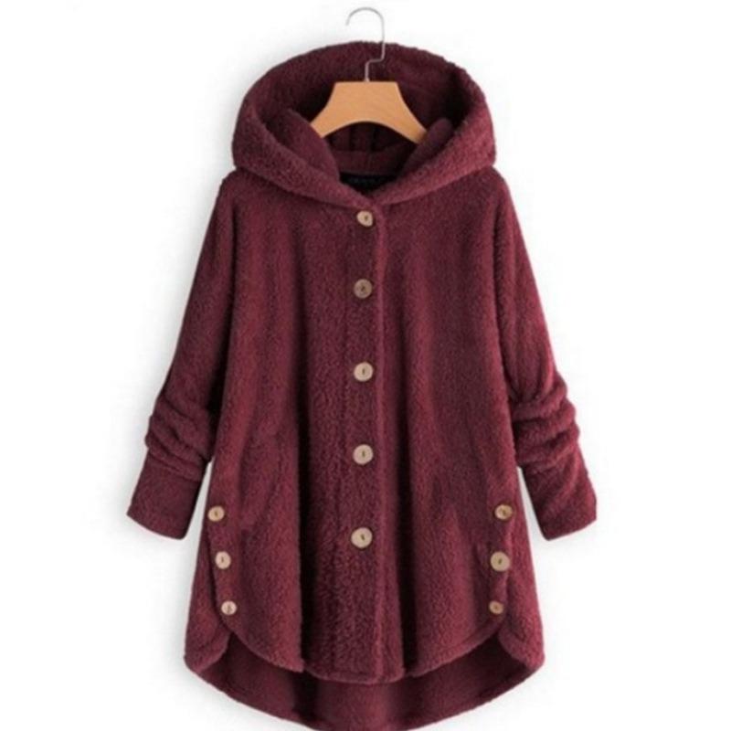 Women S Solid Color Hooded Button Plush Casual Coat