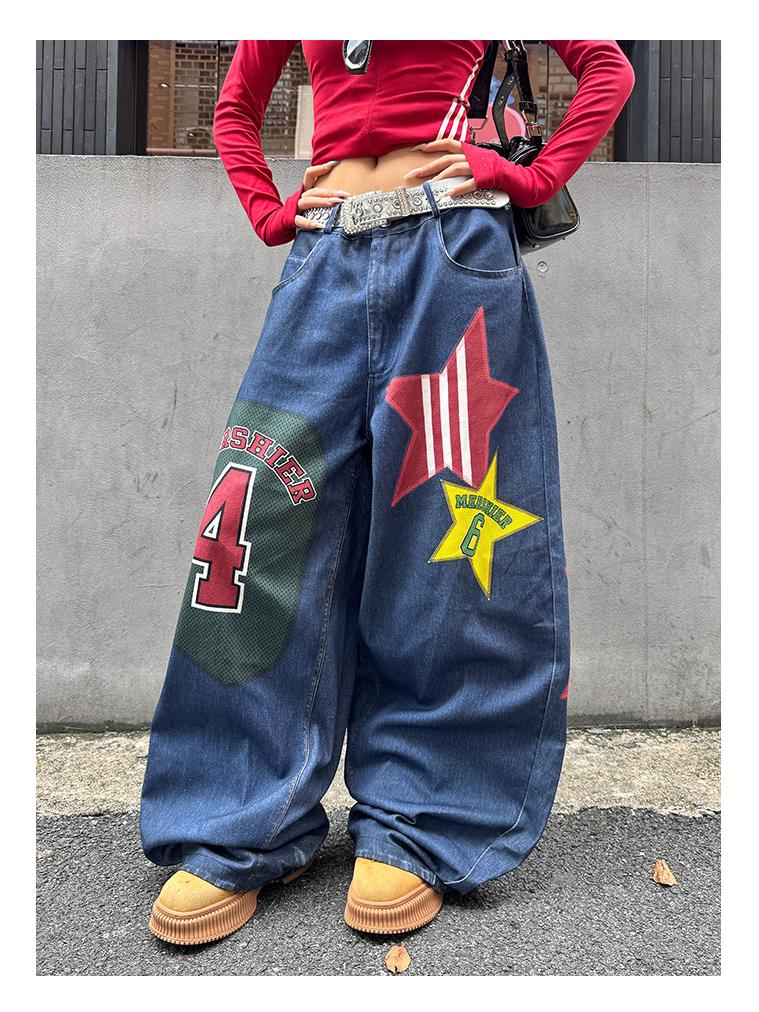 Unisex Retro Wide-Leg Star Patchwork Jeans