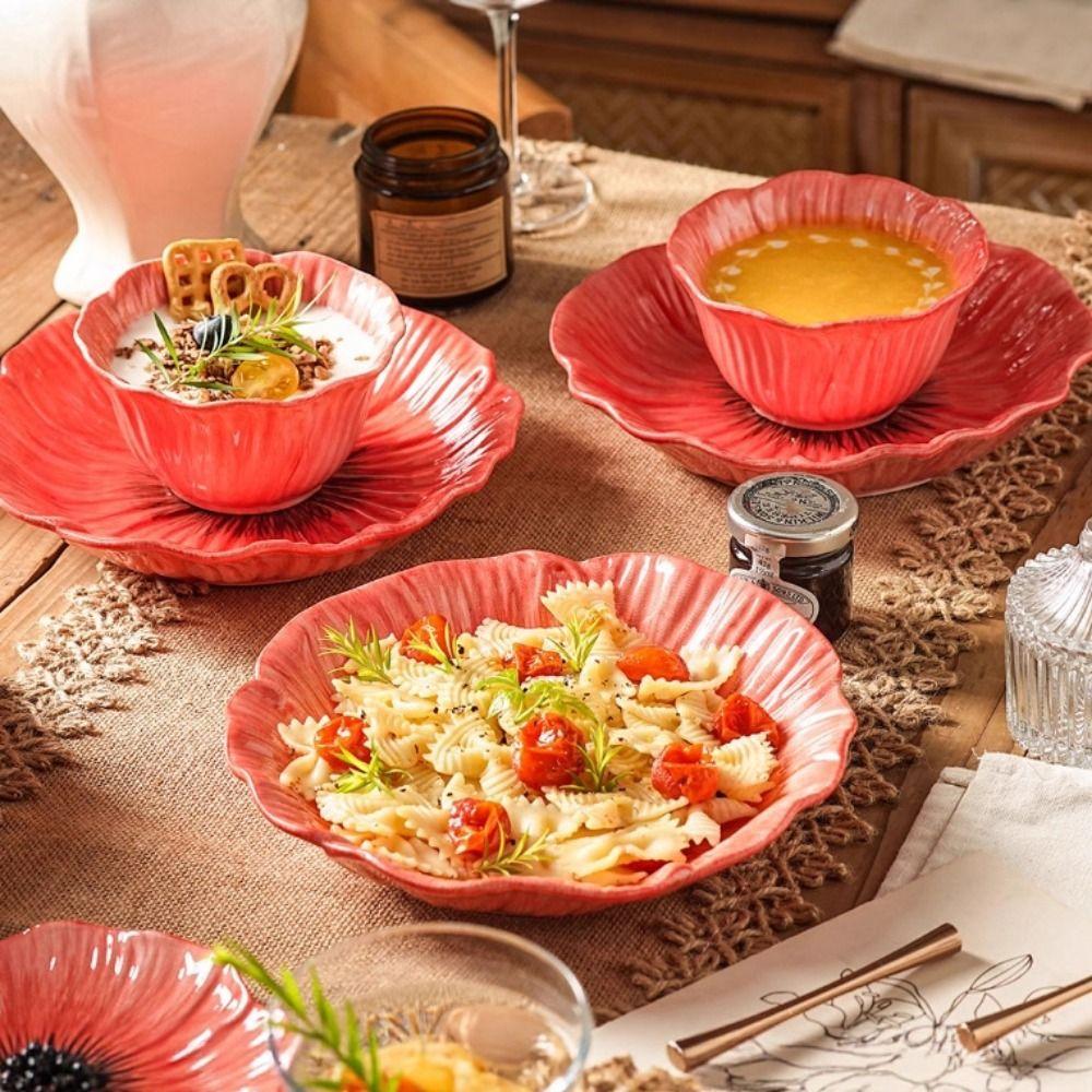 Household Ceramic Flower Plate Light Luxury Decorative Bowl Pastry Dish Soup Bowls Western Food
