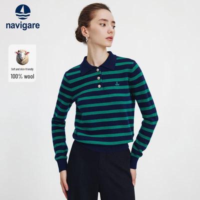 Women's Striped Pure Wool Polo Sweater