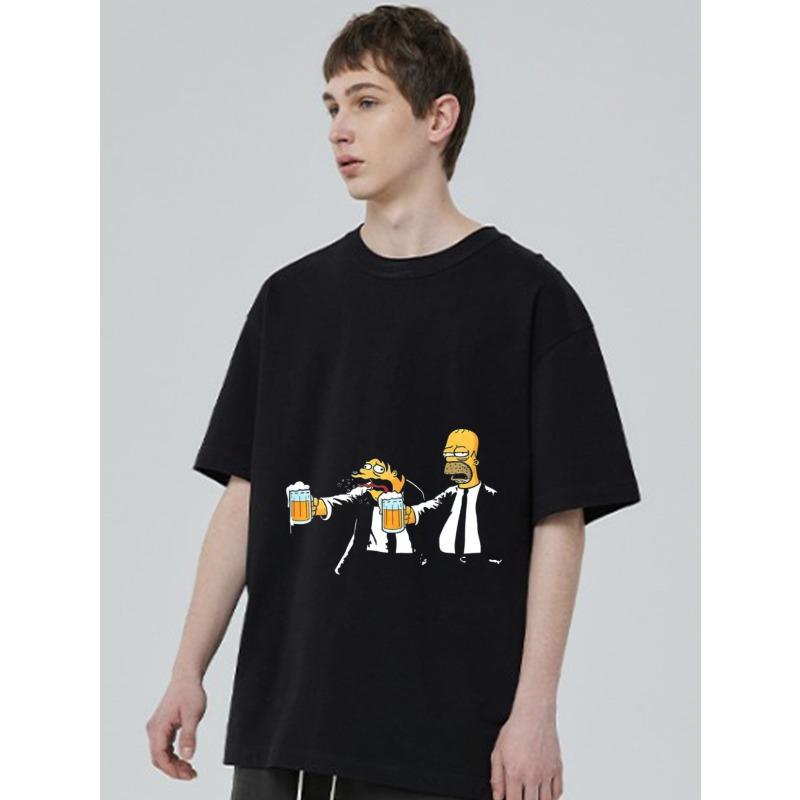 Oversized T-skjorte Svart Homer Simpson og Moe Drikker Øl Tegneserieprint Casual Streetwear for Menn og Kvinner