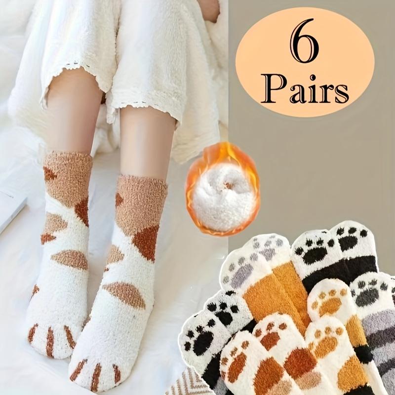6 Pairs of Women's Multi-color Autumn and Winter Cute and Fun Cat Paw Mid Tube Socks, Thick and Warm, Sweet Floor Socks