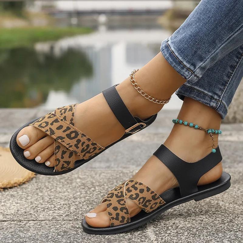 Fashion Fashion Leopard Print Flat Sandals for Women Cross Strap Open Toe Sandal Female Outdoor Anti Slip Soft Bottom Sandalias Mujer