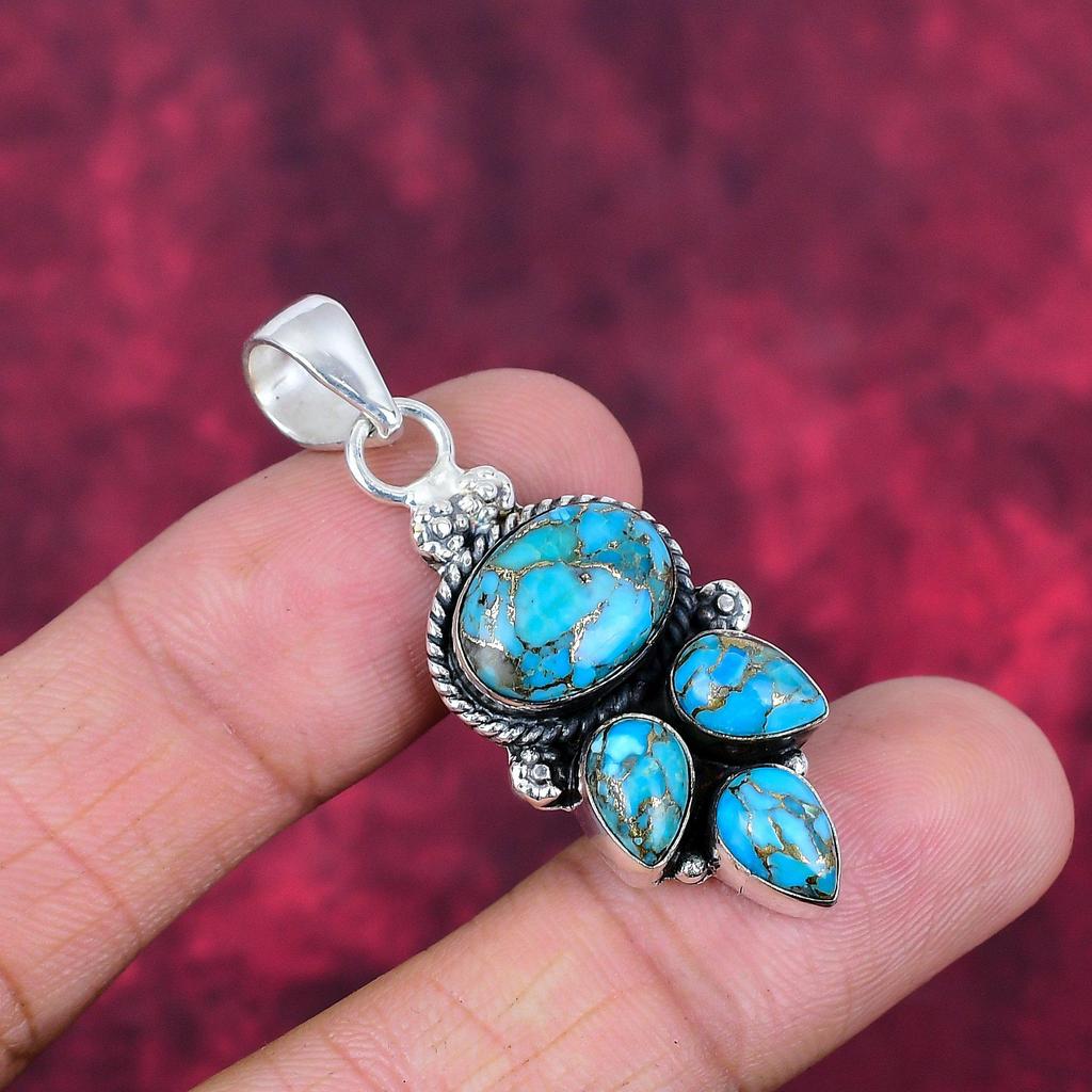 Blue Copper Turquoise Handmade Gemstone Pendant, 925 Solid Sterling Silver Pendant Antique Jewelry, For Engagement Gift