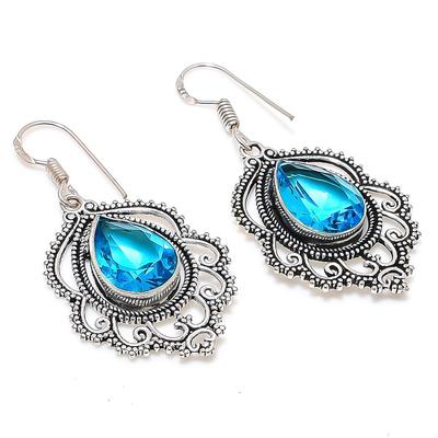 Swiss Blue Topaz Gemstone 925 Sterling Silver Jewelry Earring 1.85 " b8S90