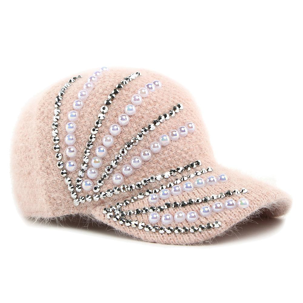 Handgemachte Mütze Damen Herbst Winter Perle Warm Baseballkappe Imitation Kaninchenfell Diamant Strickmütze