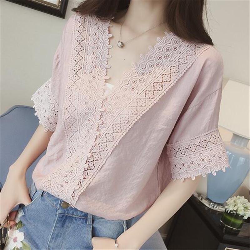 

2023 Летний женский свободный белый шифоновый топ с V-образным вырезом и короткими рукавами 2XL розовый