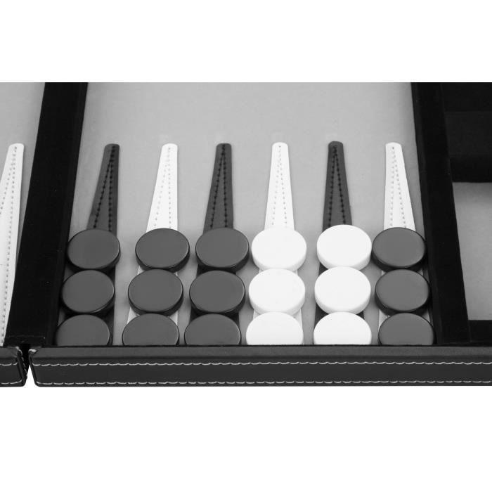 Backgammon 15"; 38 cm, dans Une Valise, Feutre et Simili Cuir surpiqués (Noir/Blanc/Gris)
